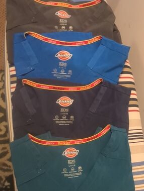 Never Worn!! 7 Pcs Stretch Dickies V-Neck Scrubs in Blue, Navy, Teal & Charcoal